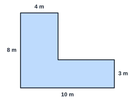 L-shape: bottom 10 m, left 8 m, top 4 m, right 3 m