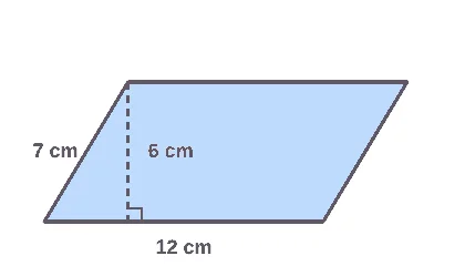 Parallelogram with base 12 cm, slanted side 7 cm and height 6 cm